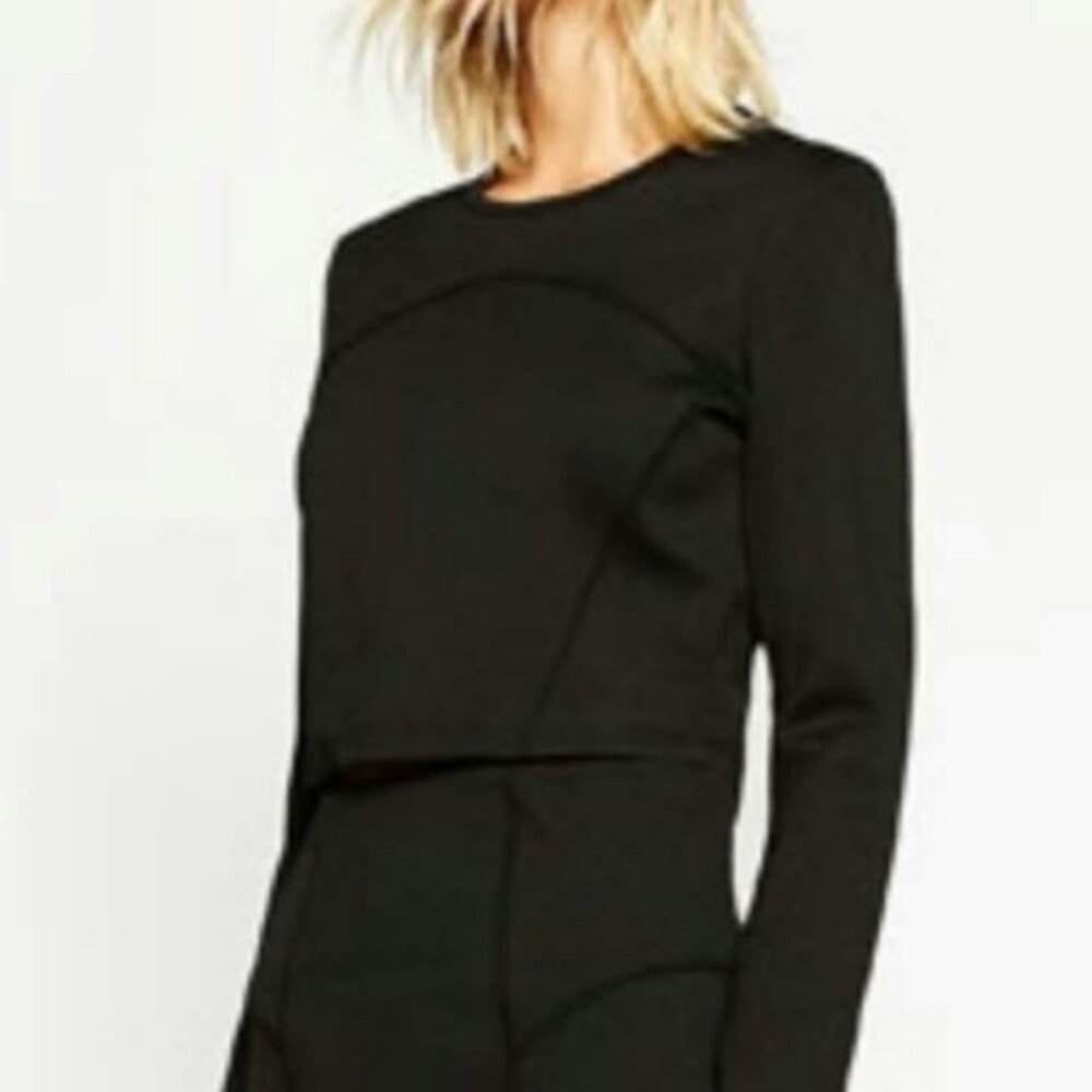 Zara Cropped Slim Fit Long Sleeve Crop Top Scuba Shirt In Black Womens Size M